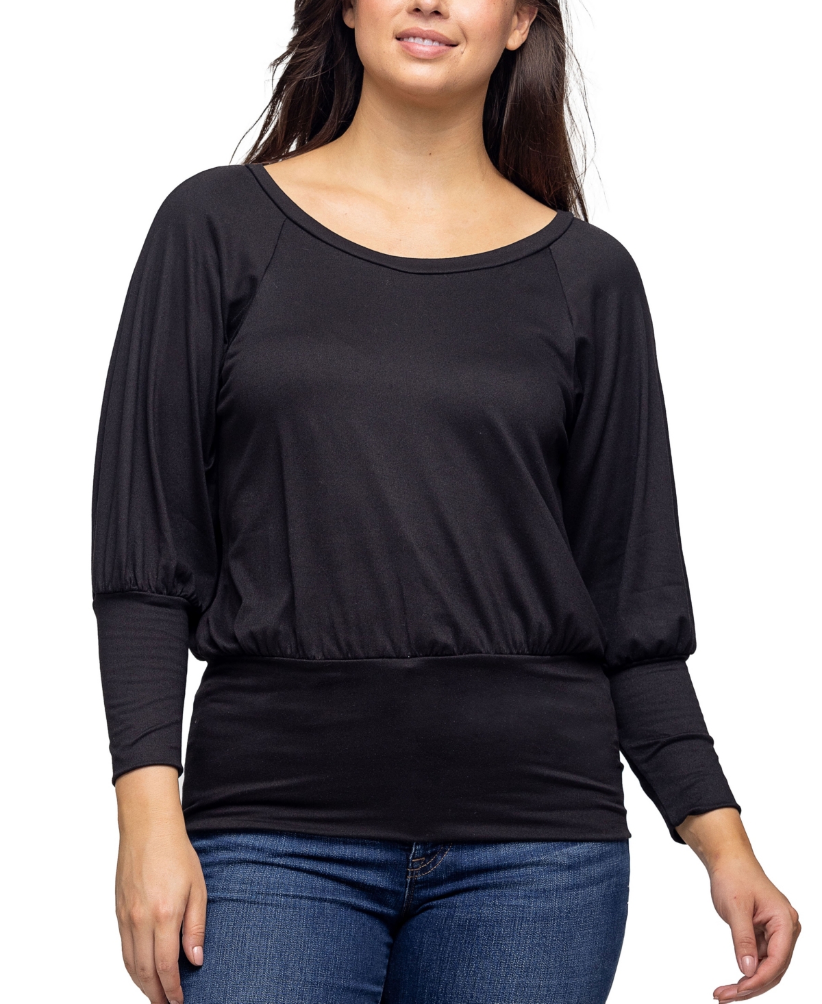 Shop 24seven Comfort Apparel Women's Round Neck Long Sleeve Banded Bottom Top In Emerald