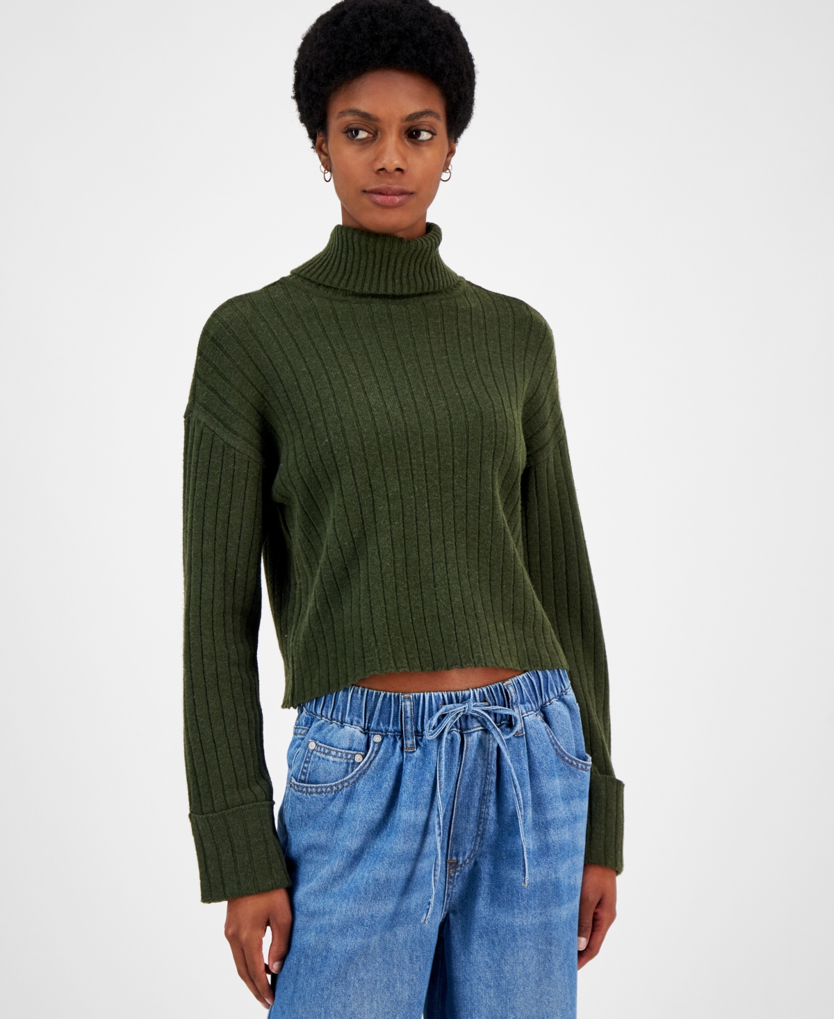 Ultra Flirt Juniors Ribbed Cuffed Sleeve Turtleneck Sweater In Ivy Green ModeSens
