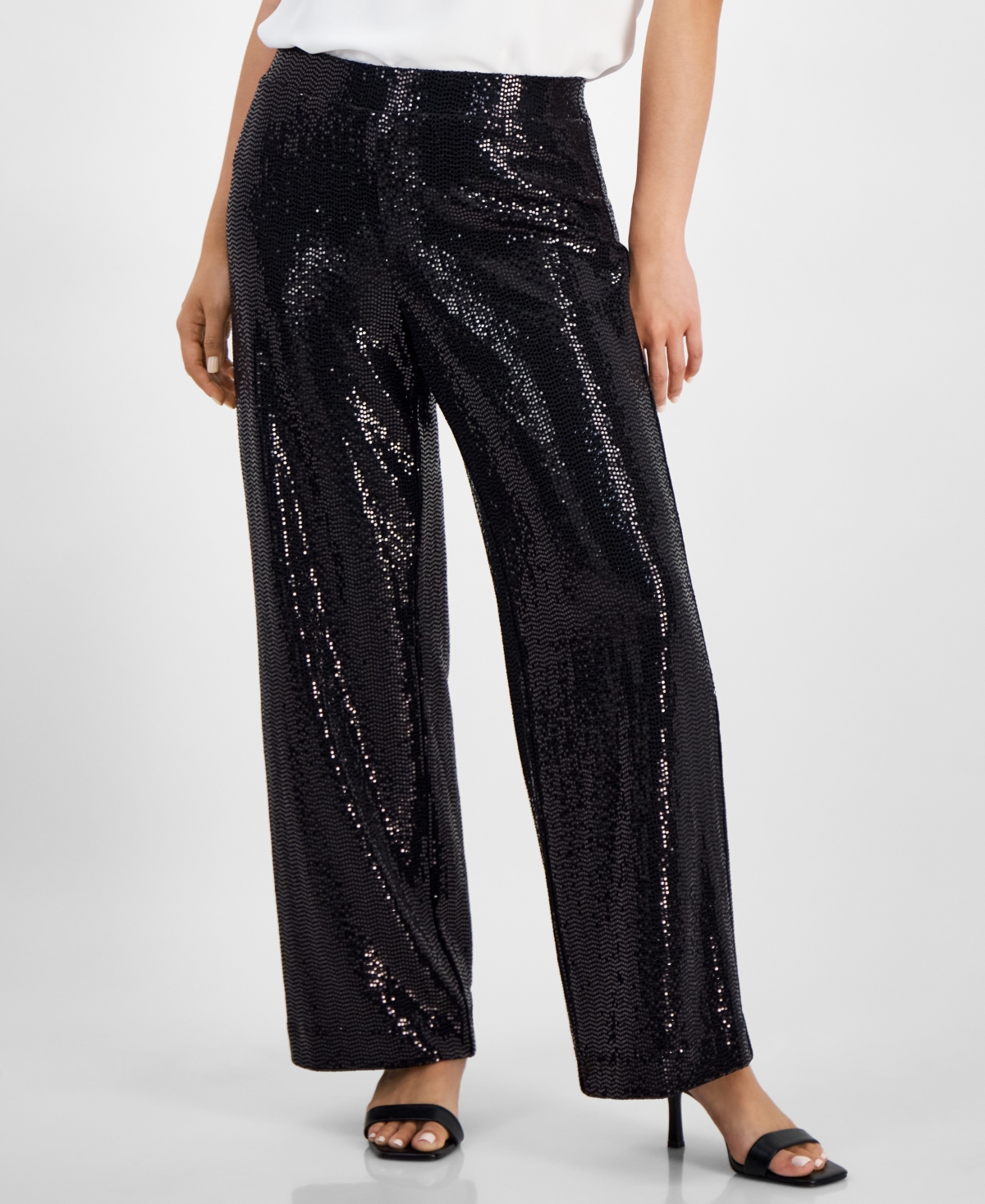 Petite Pull-On Wide-Leg Sparkle Pants - Anne Black Shine