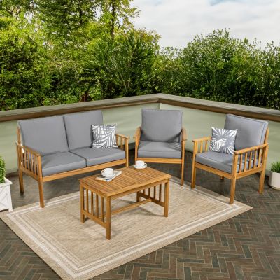 Everly 4-Piece Modern Cottage Acacia Wood Outdoor Patio Set with Cushions and Tropical Decorative Pillows, Gray/Teak Brown