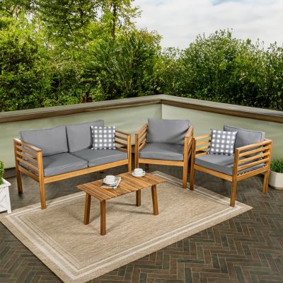 Thom 4-Piece Mid-Century Modern Acacia Wood Outdoor Patio Set with Cushions and Plaid Decorative Pillows, Gray/Teak Brown