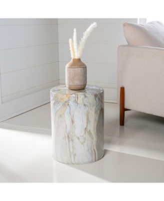 Troy 16" Modern Minimalist Faux Marble Column Indoor/Outdoor Accent Table, Gray/Gold