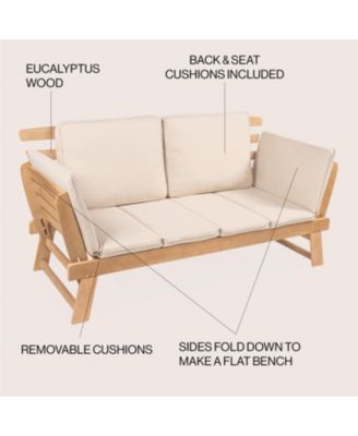 Hartley 2-Seat Modern Scandinavian Folding Wood Outdoor Day Bed Sofa, Beige/Light Teak
