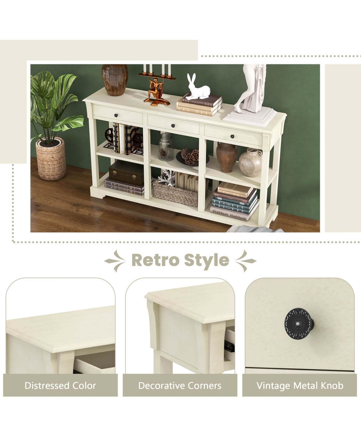 Costway Long Sofa Table with Storage Retro Console Table with 3 Drawers & Open Shelves