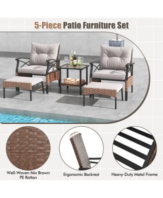 5 PCS Patio Furniture Set with 2-Tier Coffee Table & 2 Ottomans Cushions Included