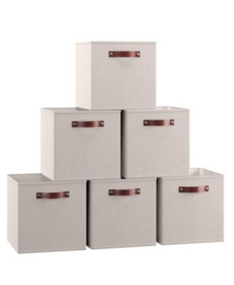 6 Pack Collapsible Linen Storage Cube Bin with Leather Handles - 11 Inch