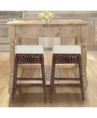 Bali 25.5" Bohemian Basics Rattan Backless Counter Stool, White Cushion with Dark Brown Woven Frame