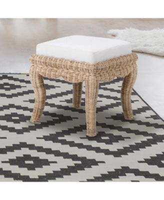 Rowan 19.7" Bohemian Designer Woven Rattan/Wood Vanity Stool, White Cushion with Natural Frame