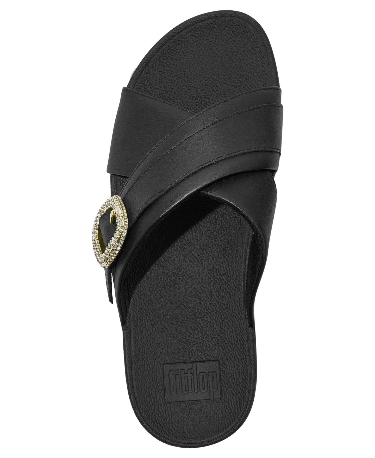 Женские сандалии FitFlop Lulu Crystal Buckle Leather Cross Slides Flats, цвет: Чёрный — фото 3