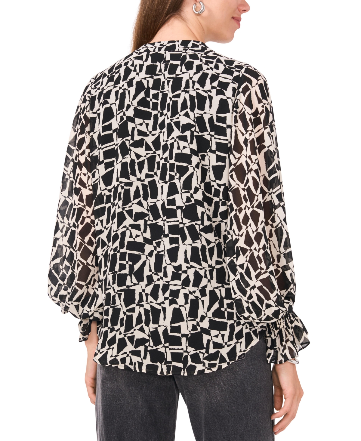 Vince Camuto Women's Geo-Print Split-Neck Smocked-Cuff Top