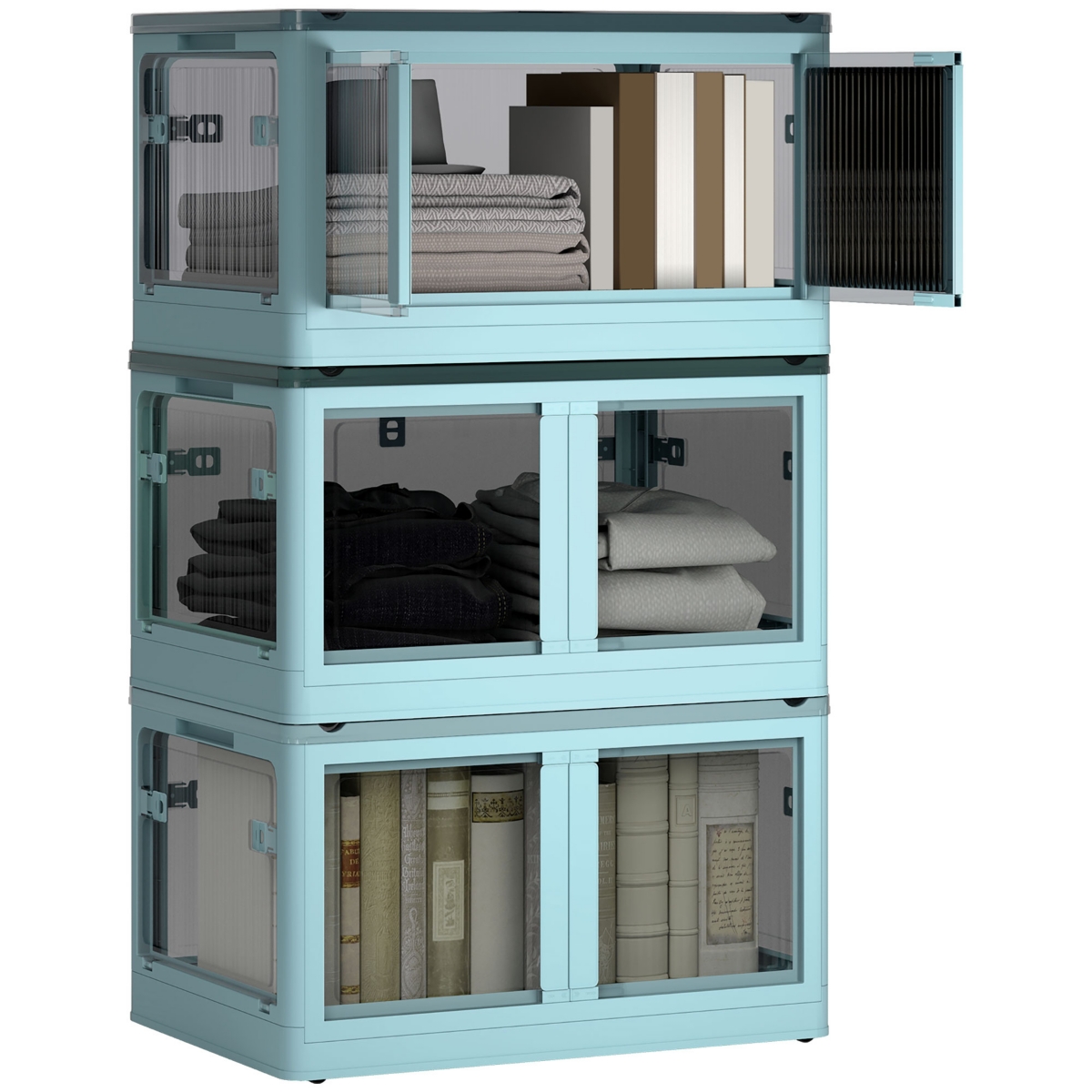 3 Stackable Storage Bins w/ Lids, Wheels, Collapsible, 18 gal, - Blue
