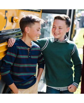 Boys Organic Long Sleeve Sporty Crew Neck Sweater with Stripe Piecing