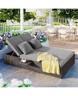 Gray Wicker Rattan Double Sunbed Recliners for 2