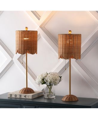 Celerie 27.5" Coastal Bohemian Rattan/Iron Scalloped Buffet LED Table Lamp with Pull Chain, Natural/Brass Gold (Set of 2)