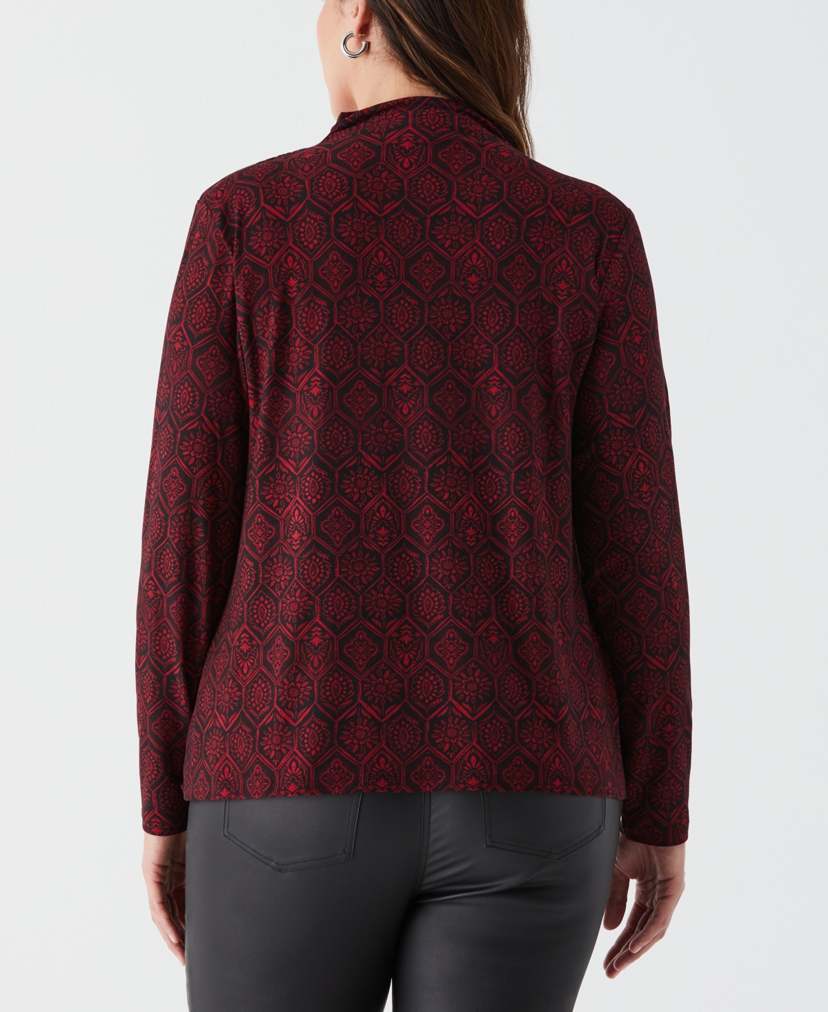 Ella Rafaella Plus Size Honeycomb Mosaic Print Ruched Mock Neck Top