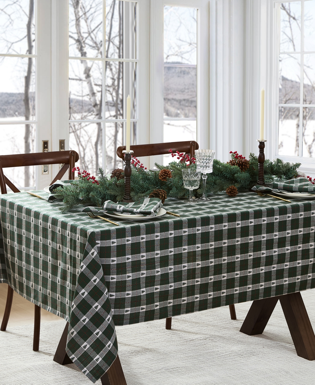 Elrene Sherwood Tree Dobby Cotton Rectangle Tablecloth, 120"x 60" In Green