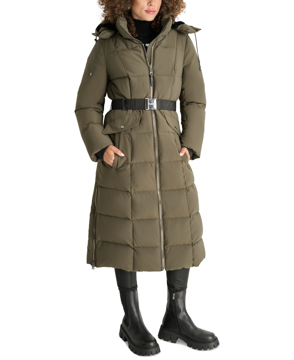 DKNY WOMENS MAXI BELTED HOODED PUFFER COAT 