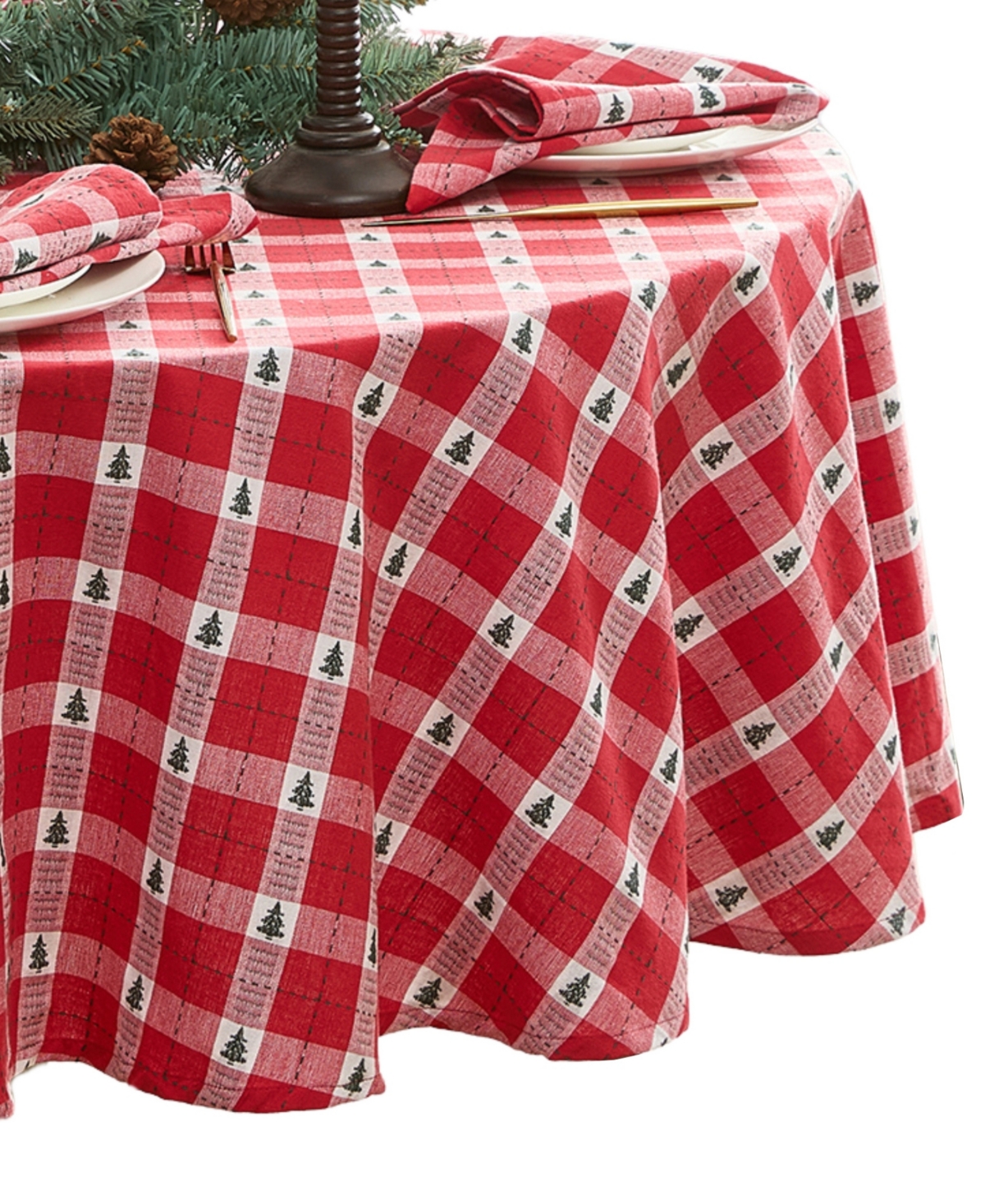 Elrene Sherwood Tree Dobby Cotton Round Tablecloth, 70"x 70" In Red