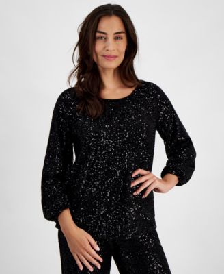 JM Collection - Petite Sequined Gathered Boat-Neck Top