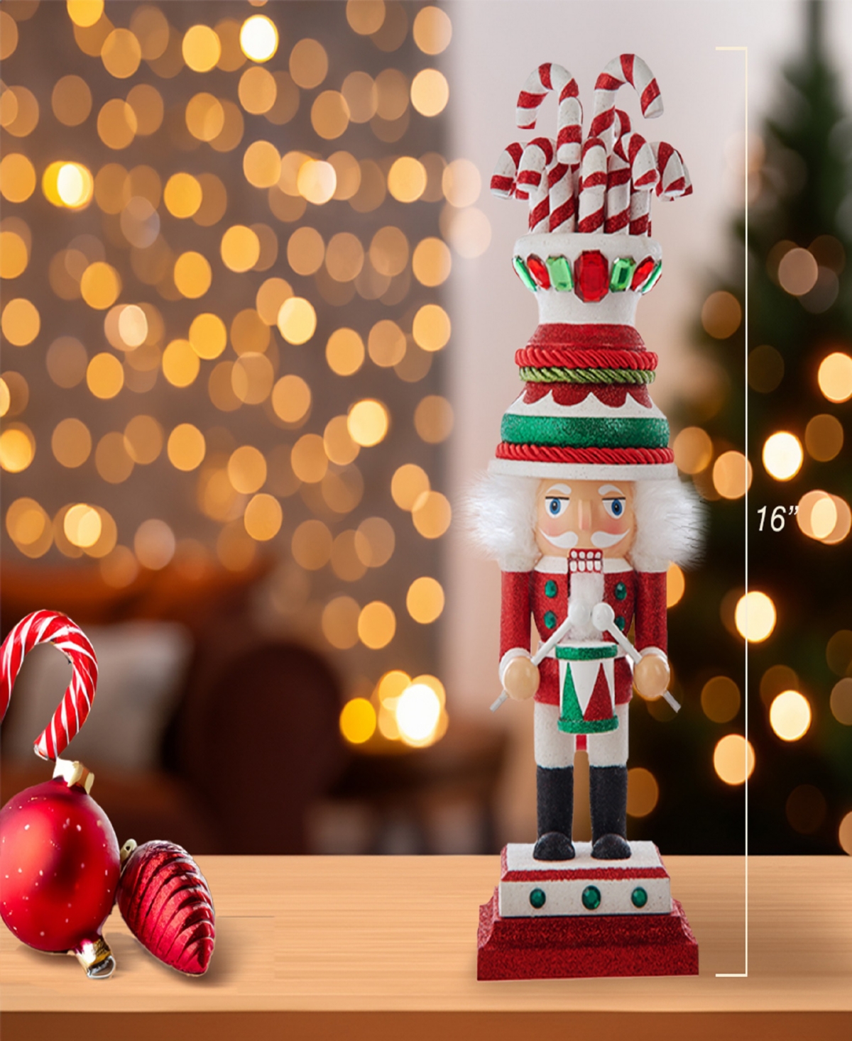Kurt Adler 16-inch Hollywood Candy Cane Hat With Drum Nutcracker In Multicolored