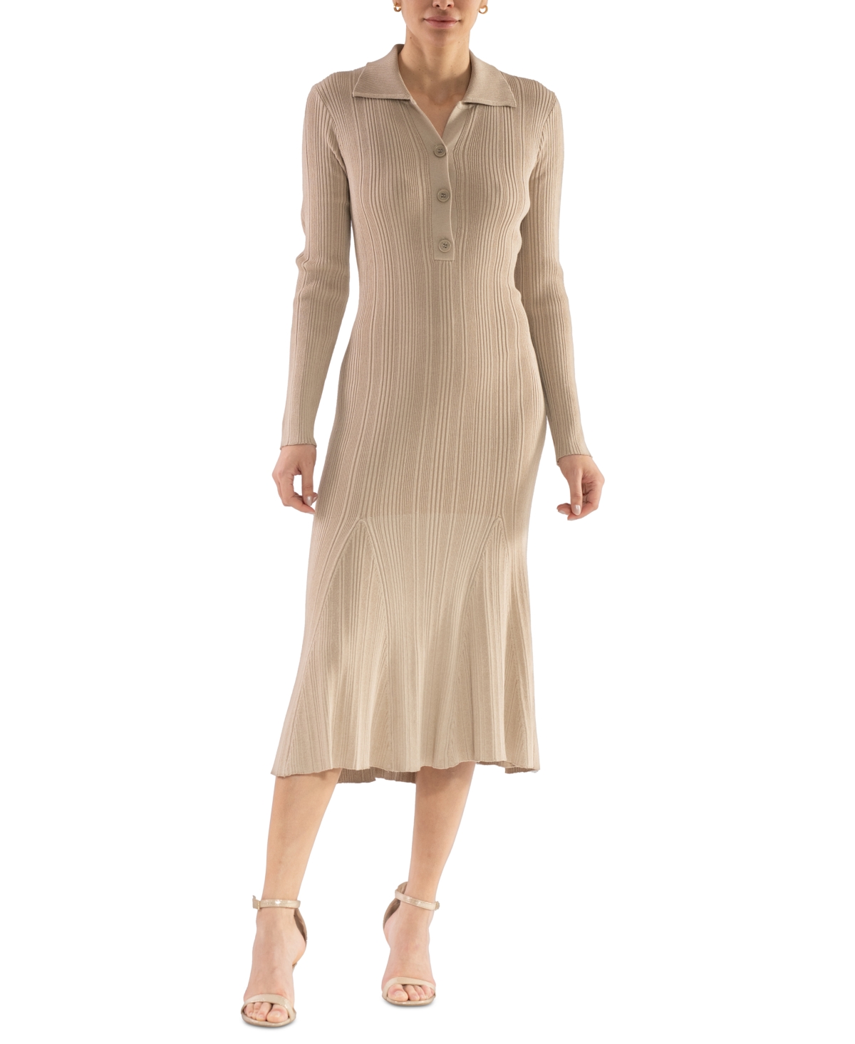 Women's Ribbed Long-Sleeve Collared Midi Dress - Sand