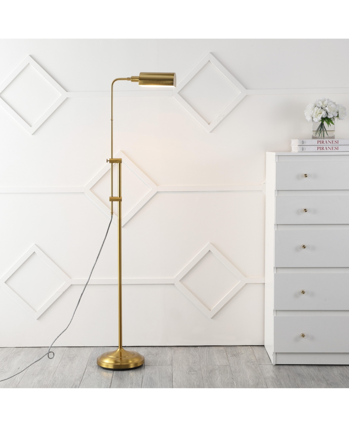 Jonathan Y Zinnia 63" Industrial Minimalist Height-Adjustable Iron Pharmacy Led Floor Lamp, Brass Gold