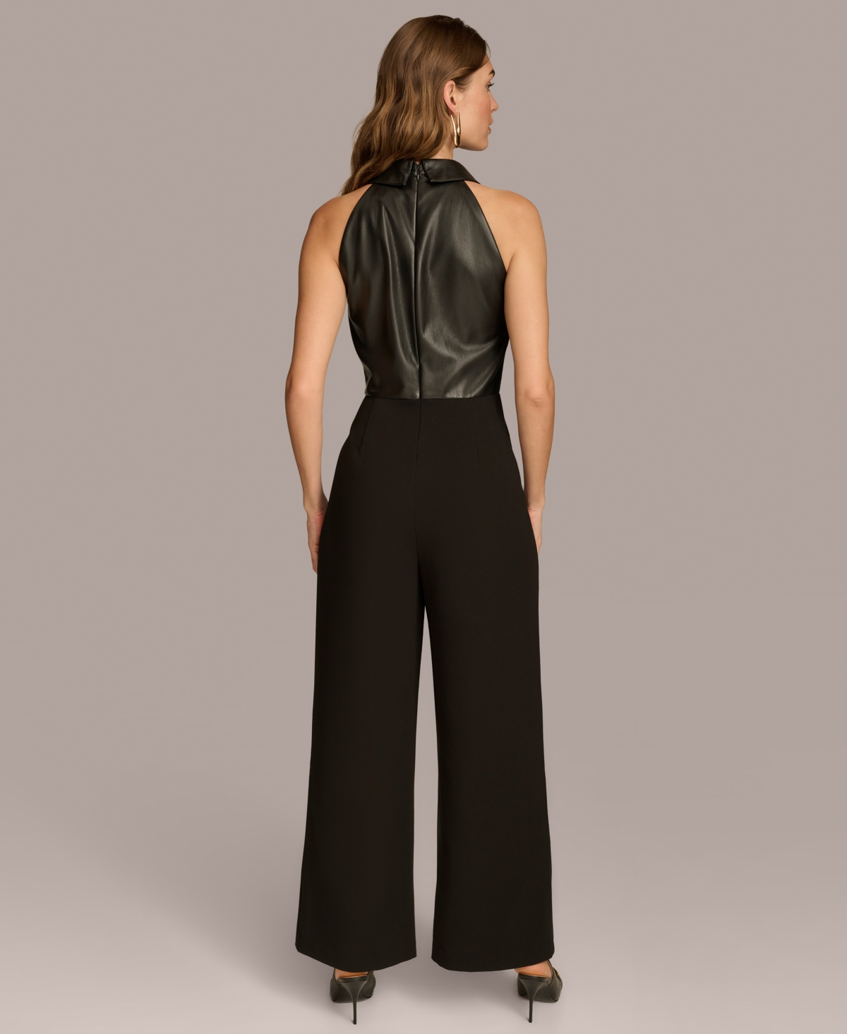 Donna Karan New York Sleeveless Faux Leather Wide Leg Jumpsuit In Black