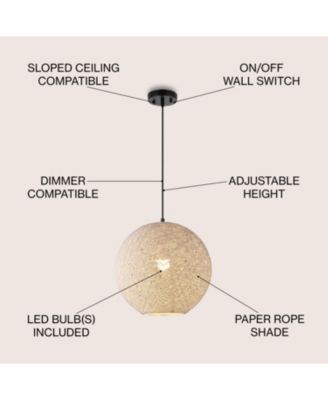 Lacey 16" 1-Light Bohemian Minimalist Iron/Rope Woven Globe LED Pendant, White/Black