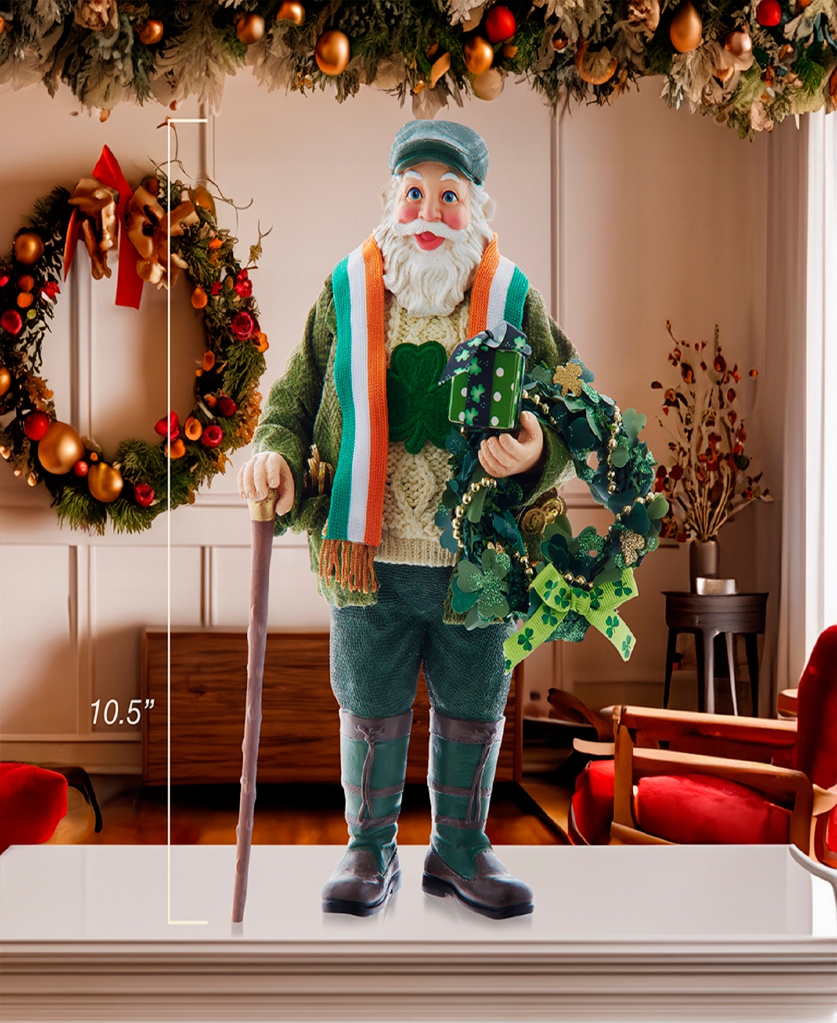 Kurt Adler 10.5-Inch Fabriche Musical Irish Santa with Wreath