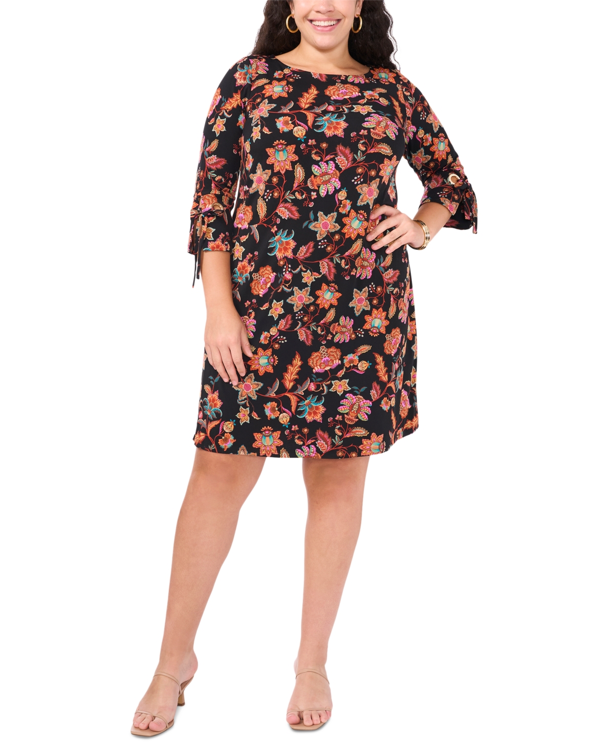 Plus Size Floral-Print Bell-Sleeve Shift Dress - Black 001