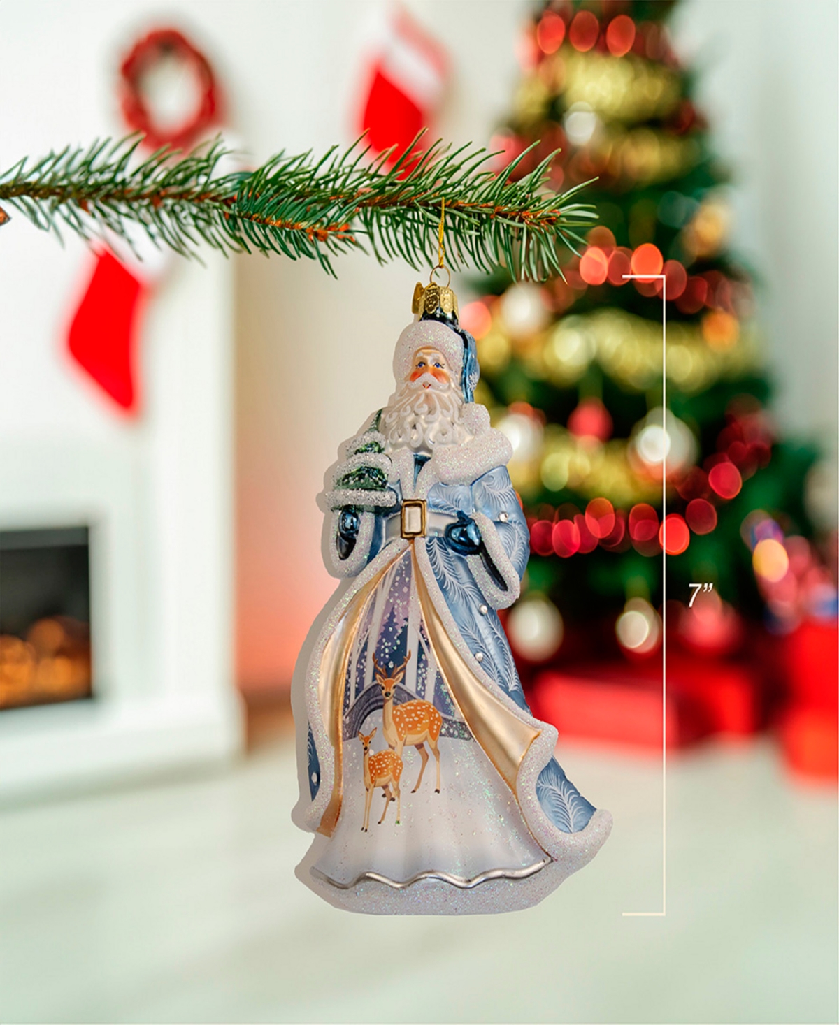 Kurt Adler Santa With Tree And Scene Ornament, 7 Inches In Blue