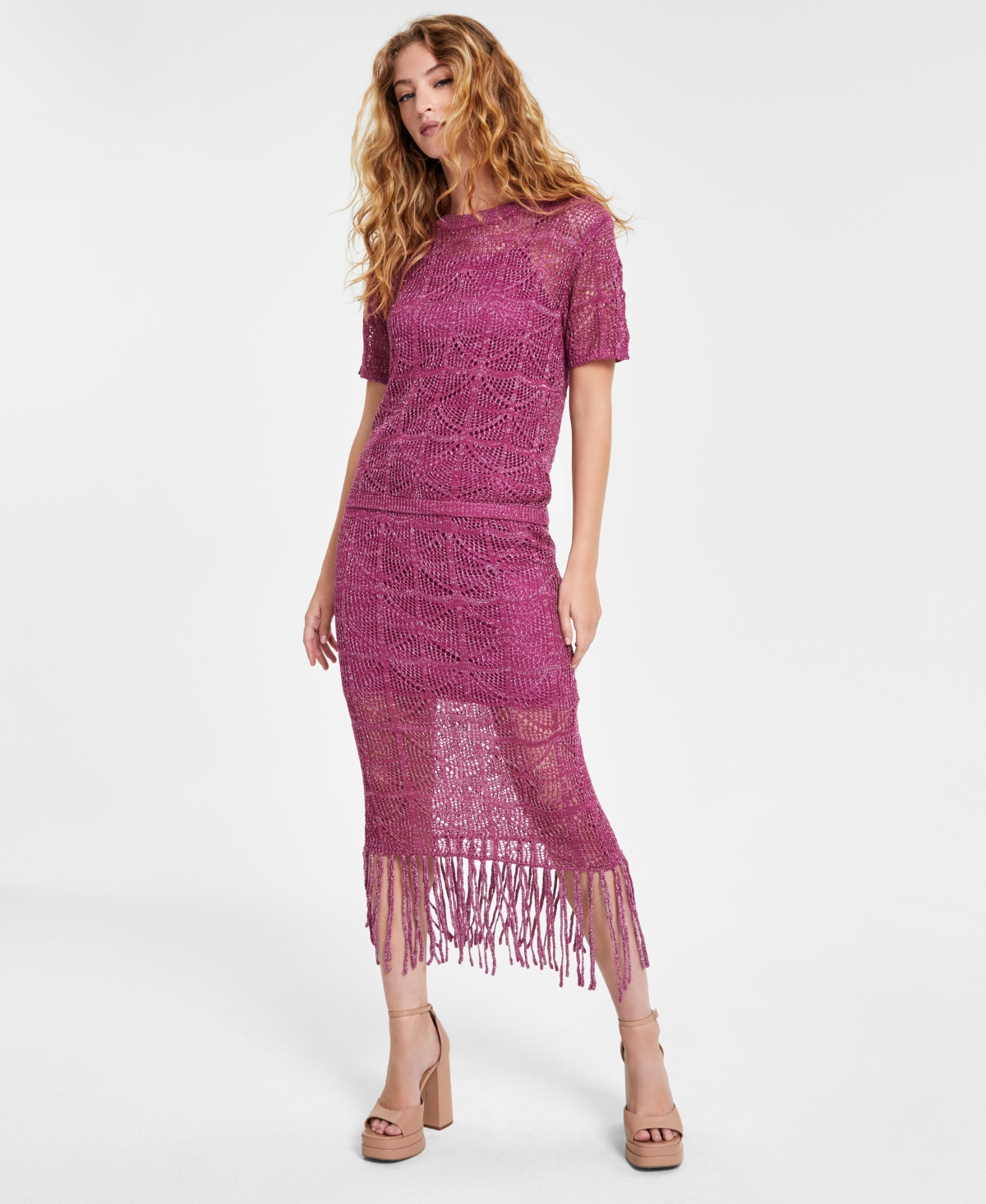 Women's Crochet Tassel-Fringe Midi Skirt, Created for Macy's - Bold Berry