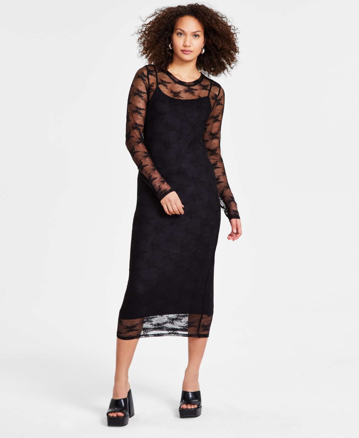 Bar Iii Women's Lace Long-sleeve Crewneck Midi Dress, Created For Macy's In Deep Black