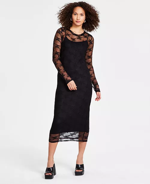 women's lace long-sleeve crewneck midi dress, created for macy's