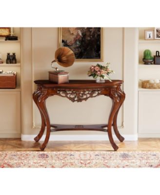 Antique Console Table, 38 Inch Victorian Half Moon Sofa Table with Hollow Floral Apron and Cabriole Legs for Entryway, Hallway, Living Room