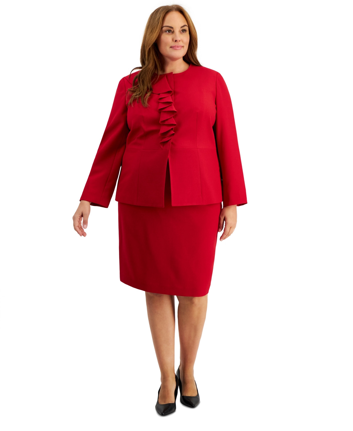 Plus Size Cascade Ruffle Skirt Suit - Cherry