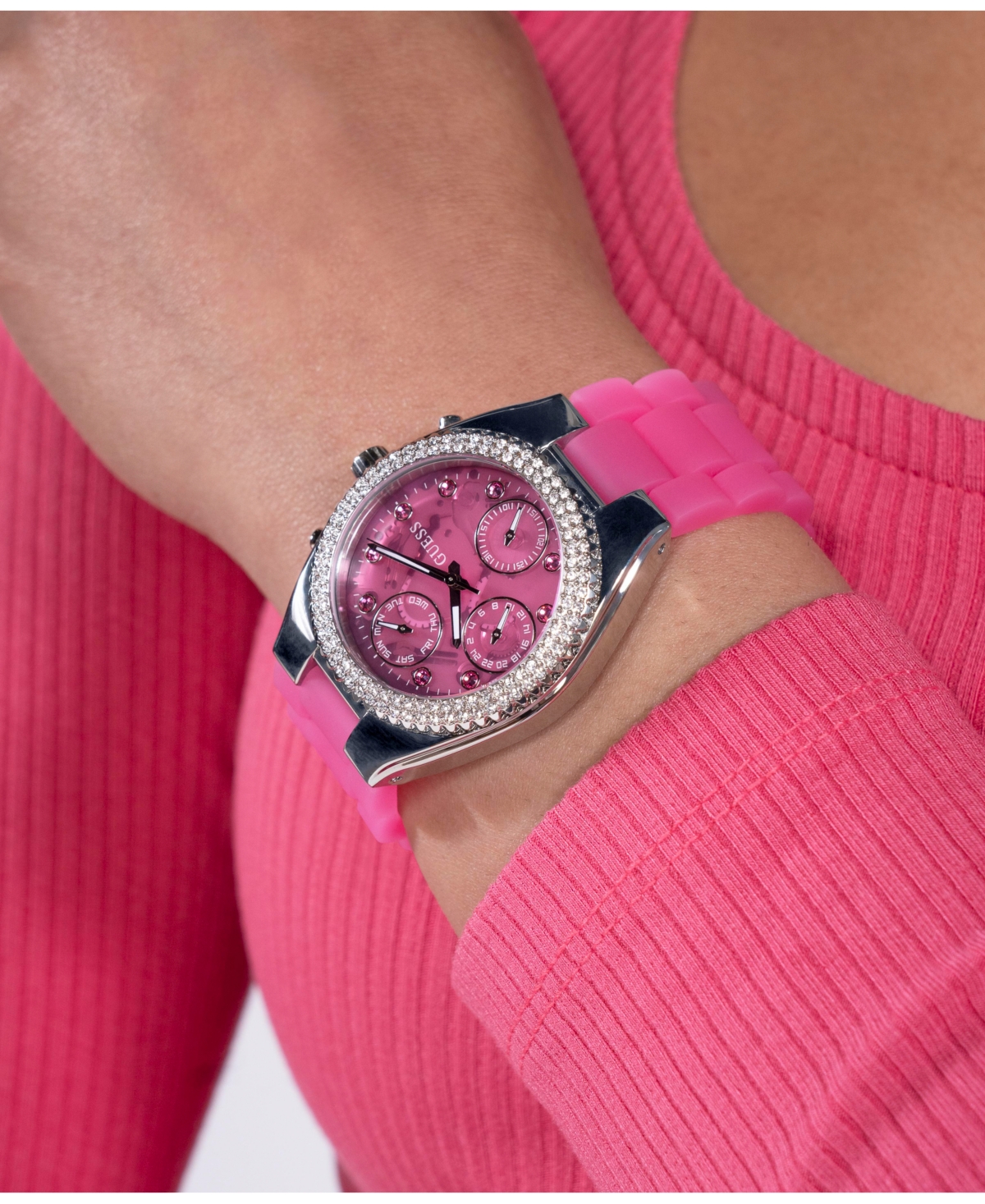 Guess Women's Multi-function Pink Silicone Watch 37mm In Pink