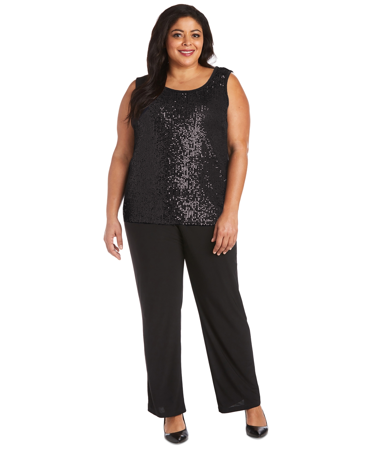 R & M Richards Plus Size Sequined Sleeveless Top, Open-front Jacket & Pants Set In Black