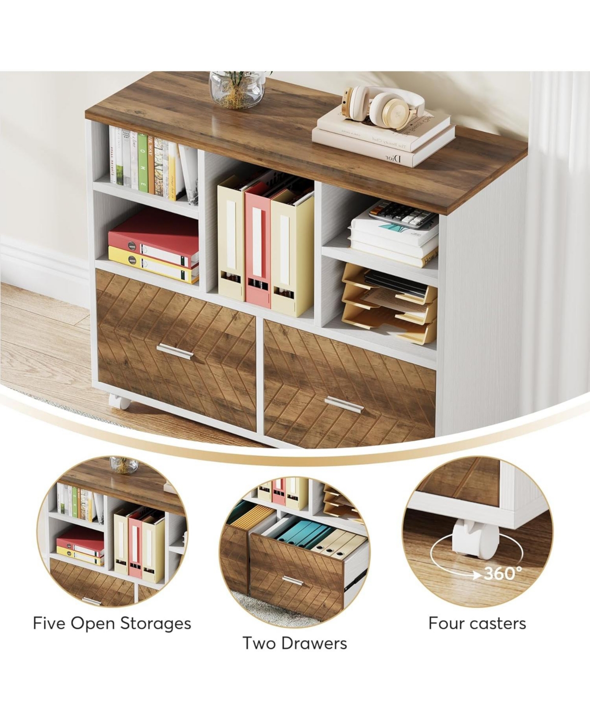 Tribesigns 2-Drawer Wood File Cabinet, Mobile Lateral Filing Cabinet for Letter - Oak karo  white