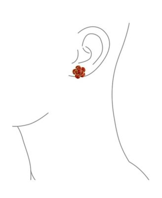 Retro Enamel Rose Flower Clip On Earrings Button Style For Non Pierced Ears Gold Plated Brass