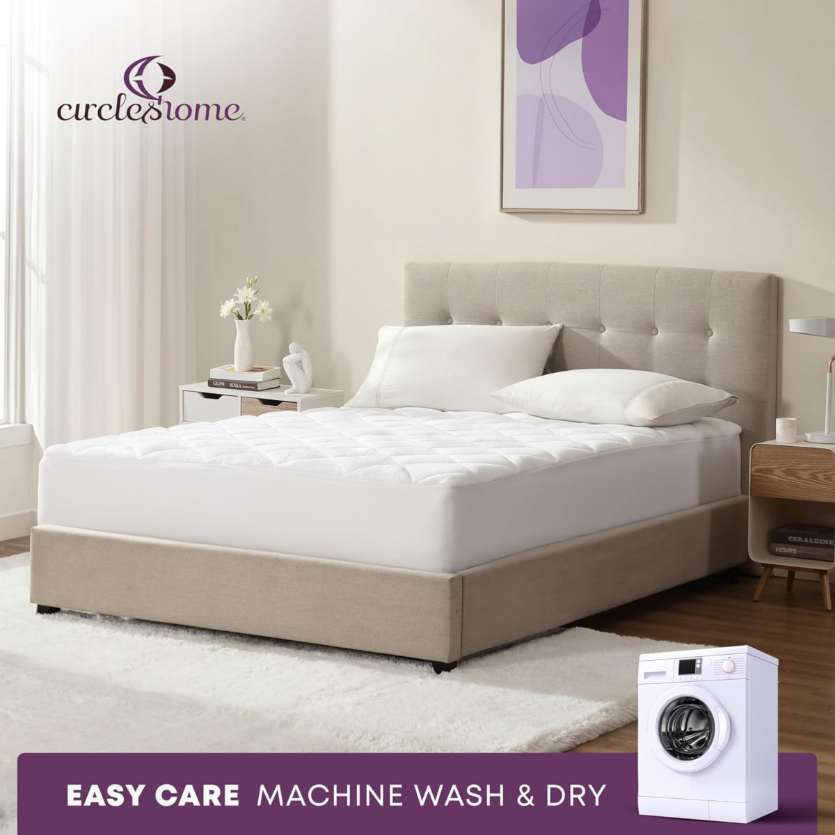 Circleshome Double Puff Microfiber Fleece Mattress Pad White