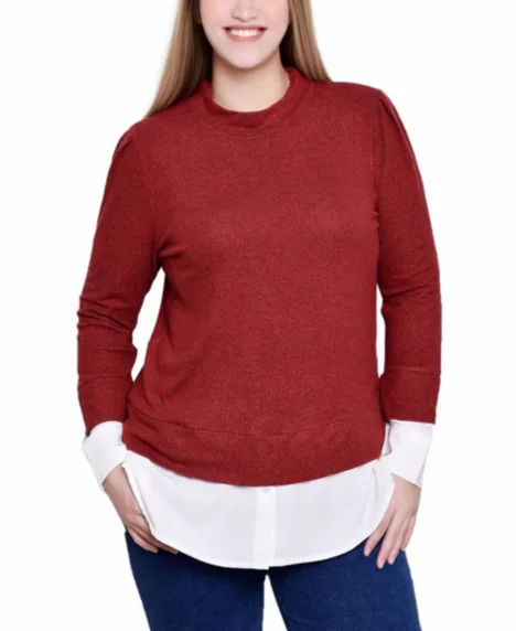 Petite Long Sleeve Two-Fer Top - Red White