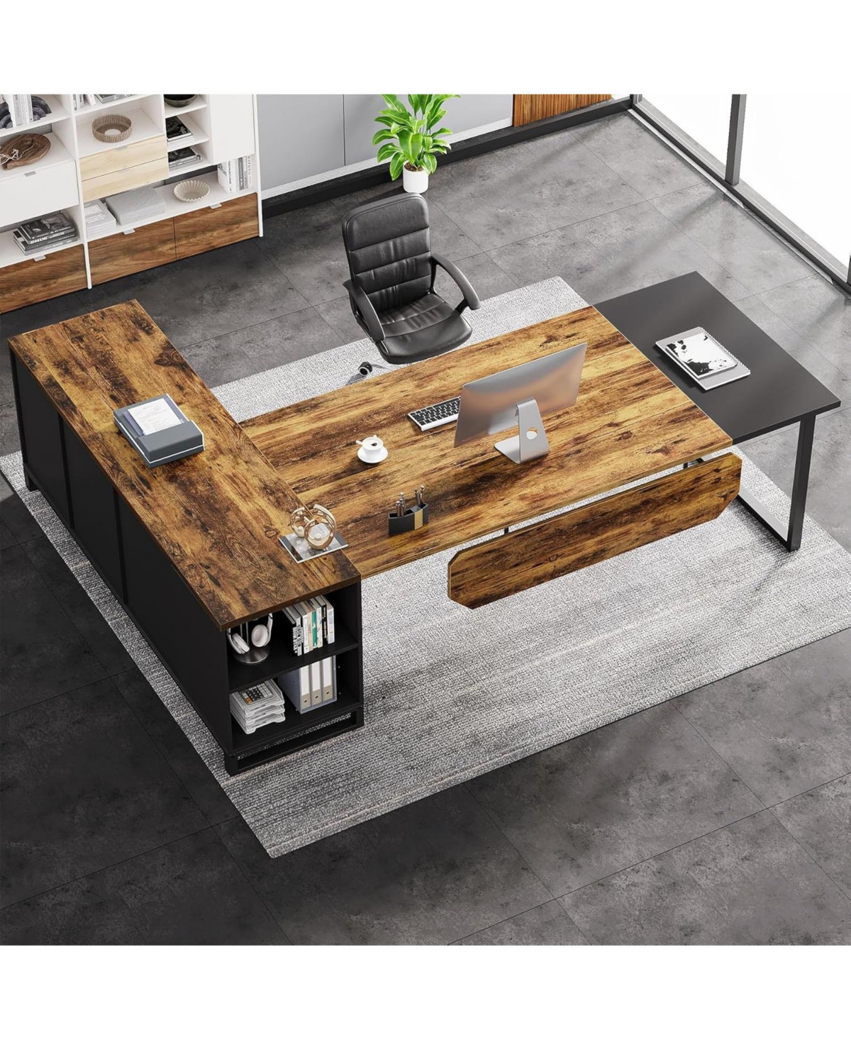 Tribesigns Shaped Executive Desk with File Cabinet and Storage Shelves - Rustic brown  black