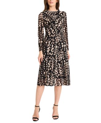Maggy London - Women's Printed Long-Sleeve Pleated Dress