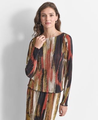 DKNY Women's Plaid-Print Long-Sleeve Peasant Top Brown Size Large