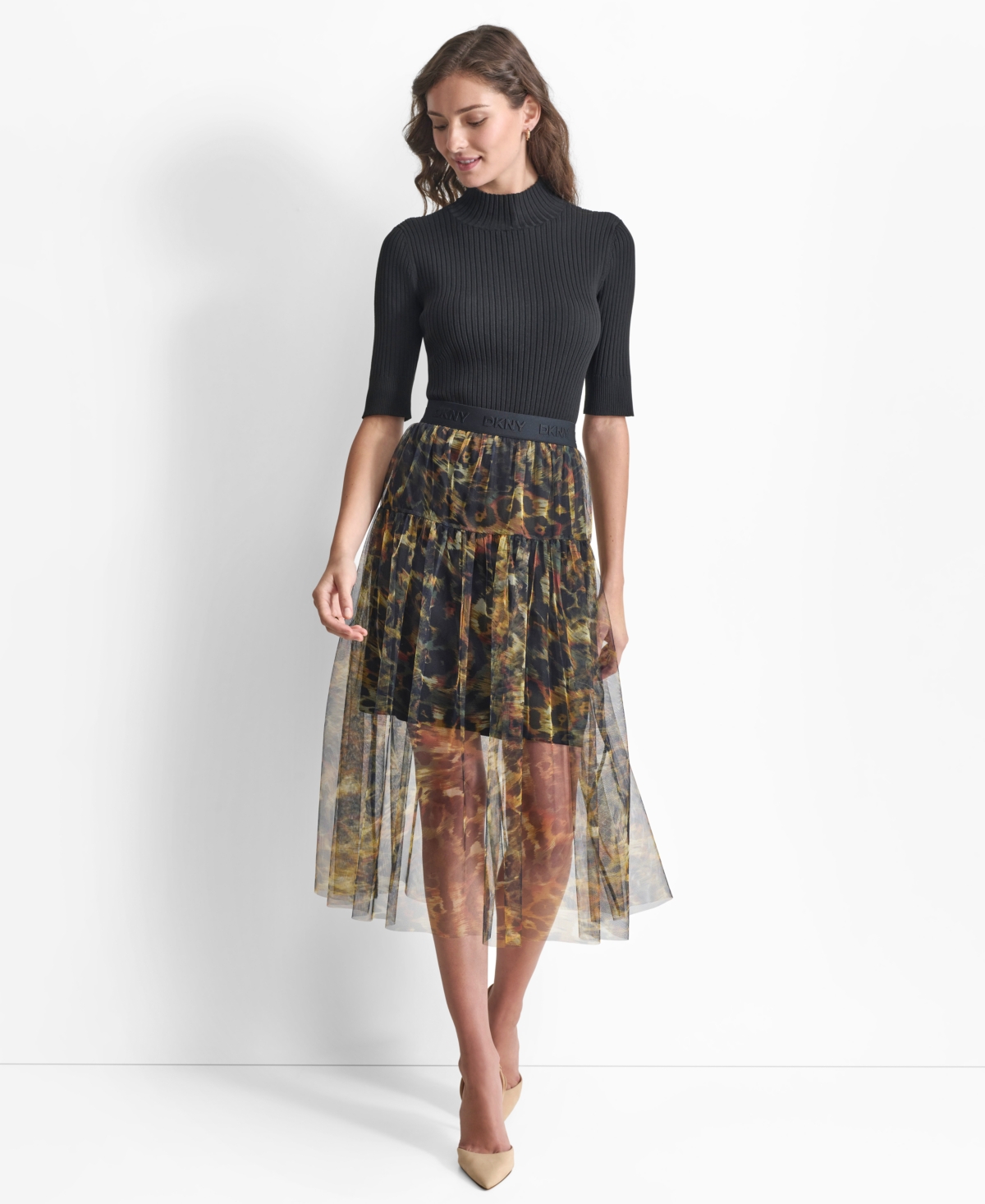 Dkny Women's Printed Logo-Waistband Tulle Mesh Skirt