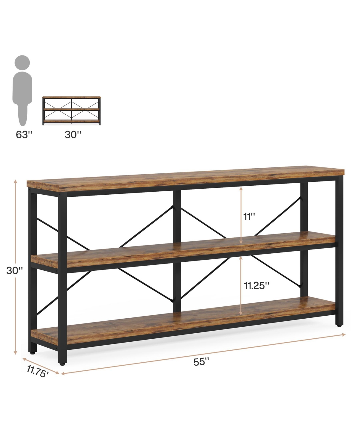 Tribesigns 55-Inch Industrial Sofa Table, 3-Tier Console Table with Metal Frame and Open Shelves - Brown and black