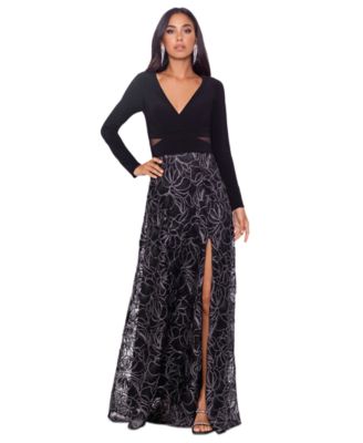 XSCAPE - Women's Long-Sleeve Brocade-Skirt Gown