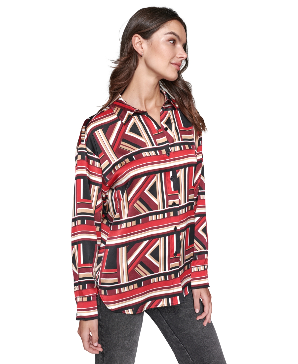 Karl Lagerfeld Paris Women's Oversized Geo-Printed Satin Button-Front Top - Black  Admiral Red