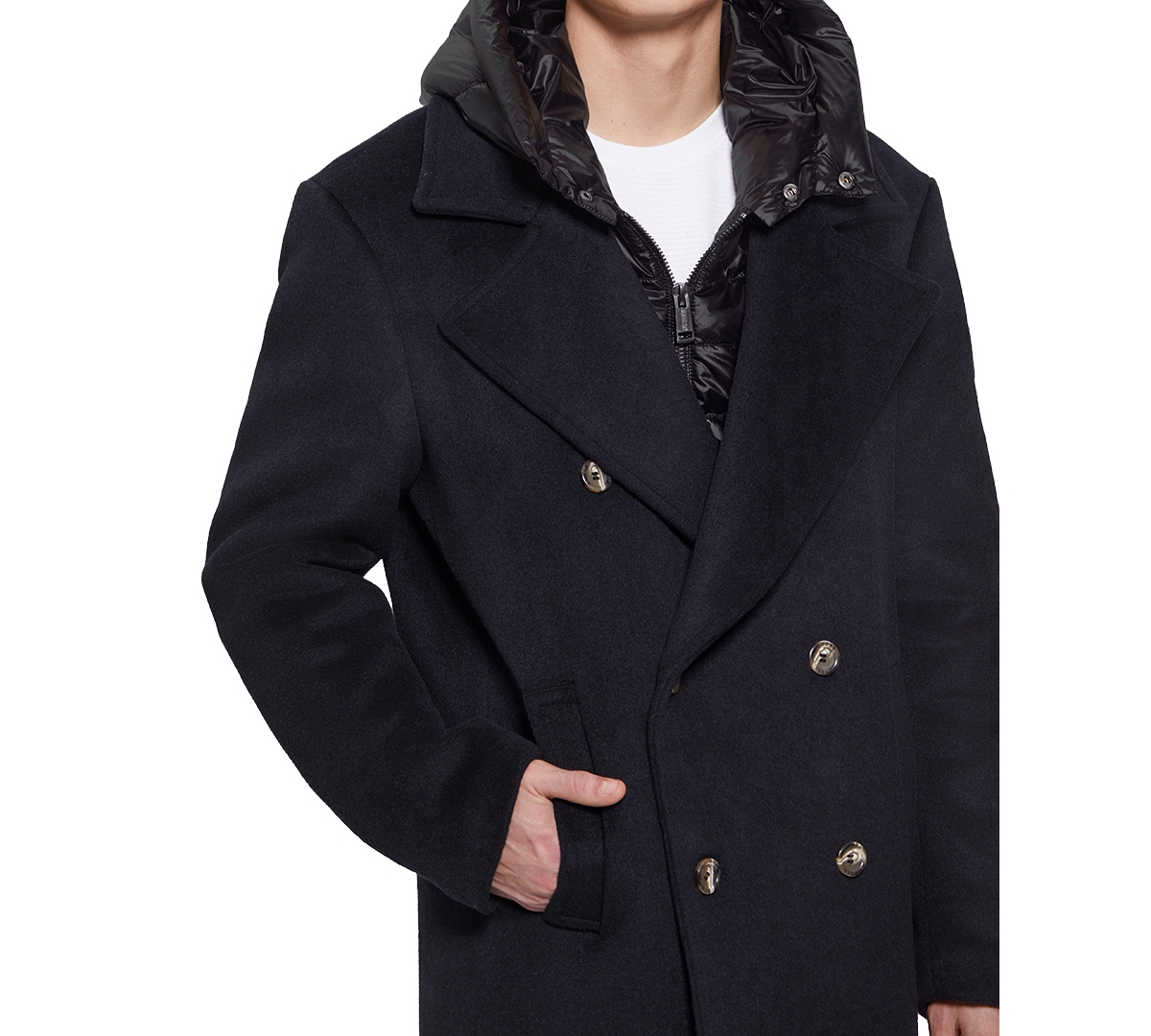 Guess Men's Peacoat With Removable Nylon Hooded Inset In Navy Sea